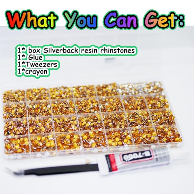 22000pcs Resin Flatback Rhinestones for Crafting, Silverback Gold 2mm 3mm 4mm 5mm 6mm Round Beads, Non-Hotfix SS8 SS10 SS16 SS20 SS30 Gems with B7000 Glue for DIY Crafts, Nails, Makeup Decor
