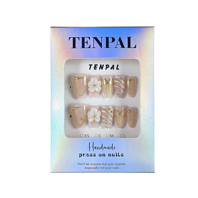 10Pcs Short Almond Oval Press On Nails With Tools,Nude Pink Fake Nails with 3D Flowers & Cat Eye Designs,Glitter Gold Edge Glue on Nails, Glossy Handmade Acrylic False Nails for Daily Party(L)