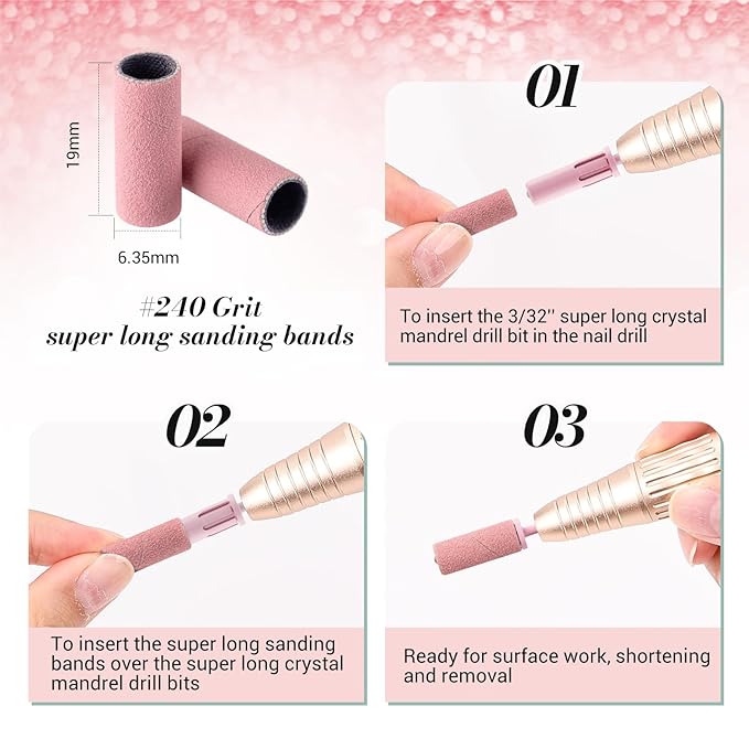 MelodySusie 50 Pcs Nail Drill Bits Super Long Sanding Bands with 6.65mm Crystal Mandrel Bit, 240 Extreme Fine Grit Nail File for Acrylic Nails Gel Manicures and Pedicure, Pink