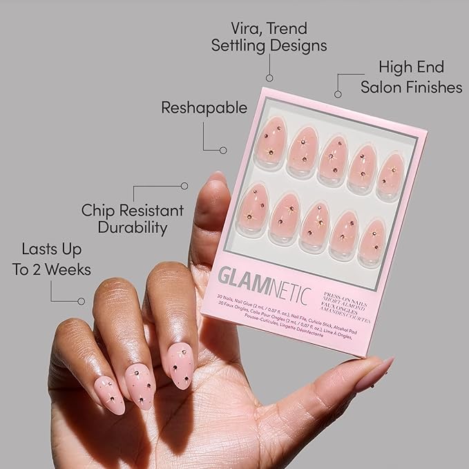 Valentines Day Glamnetic Press On Nails - Pink Comet | Short Almond Fake Nails in Pale Blush Pink with Lavender 3D Gems in a Glossy Finish, Salon Quality | 15 Sizes - 30 Nail Kit with Glue