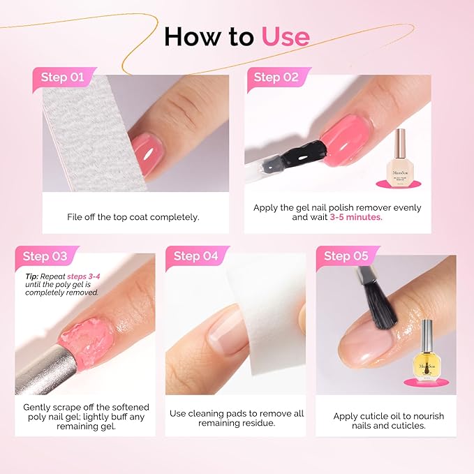 MelodySusie 2Pcs Gel Nail Polish Remover with Cuticle Oil, No Need to Wrap and Soak, Remove Gel Polish in 2-5 Minutes at Home No Damage to Nails with Cuticle Pusher Tool Nail File Wipes
