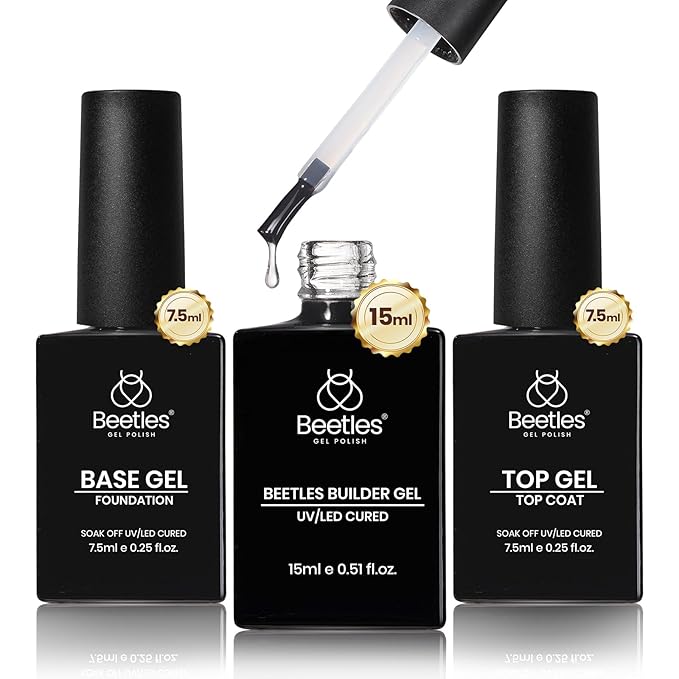 Beetles Builder Gel for Nails,3 Pcs Clear Builder Nail Gel with Base & Top Coat Gel for Nail Strengthening Apex Building Extension for Beginner DIY Salon at Home,UV & LED Lamp Needed