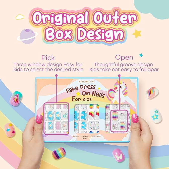 Modelones Press on Nails for Kids 144Pcs 6 Pack Children Acrylic Fake Nails Pre-glue Full Cover Glitter Gradient Color Cloud Heart Short False Nail Art Kits Sets Christmas Gifts for Kids Girls