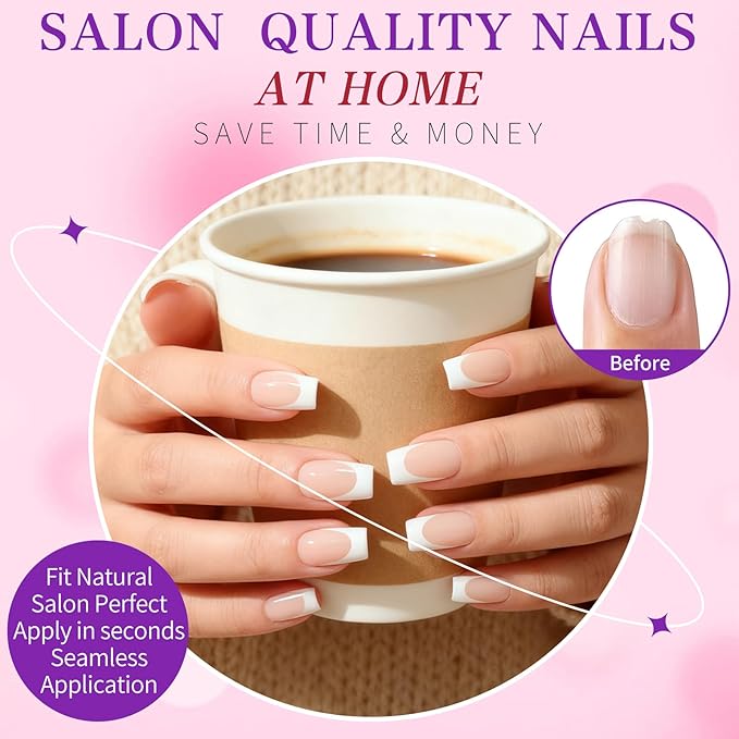 280pc French Tips Press on Nails Medium Square Fake Nail with Glue Tabs, French Tips Glue on Nails Press on Nail Square Acrylic Nails Medium Artificial Fingernails Women Girls Pale Nude False Nails