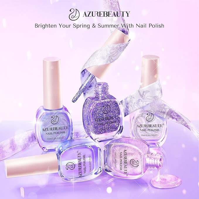 AZUREBEAUTY Nail Polish Set Fast Drying Glitter Pink Purple Spring Summer 4 Colors Lilac Nail Polish Natural Nail Lacquer Fingernail Kit with Top Coat DIY Salon Home