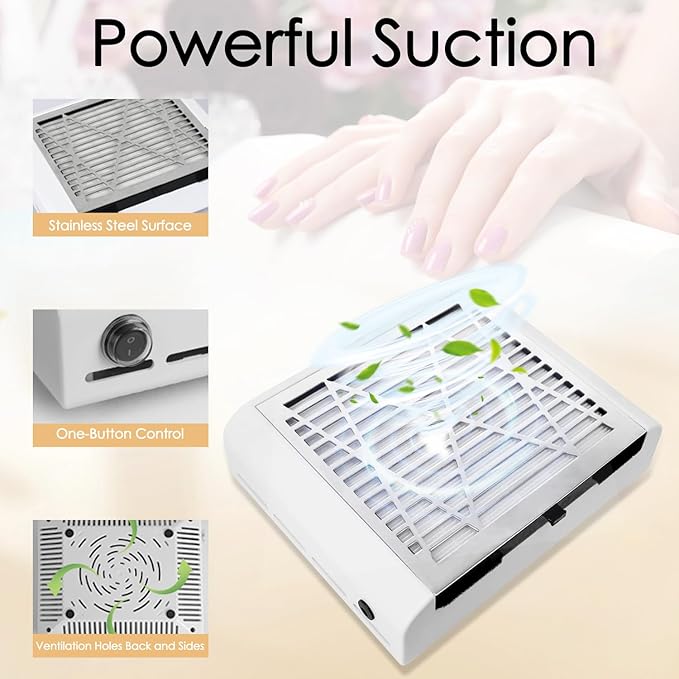 CoFashion Nail Dust Collector for Nails Dust Remove, Nail Acrylic Dust Collector Powerful Nail Duster Collector, One-Button Control Nail Duster Collector Filter White Manicure Vacuum with a Brush