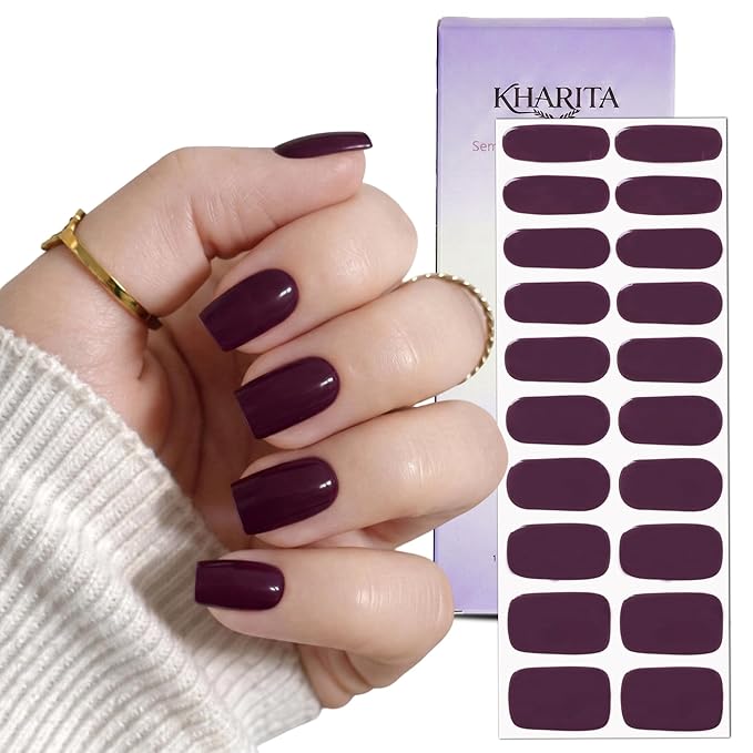 Semi Cured Gel Nail Strips – Real Gel Nail Polish Wraps for Brittle Nails | Long Lasting Easy Peel-Off Removal | Hema-Free | 20-Piece Jelly Solid Dark Purple Salon Kit with File & Stick