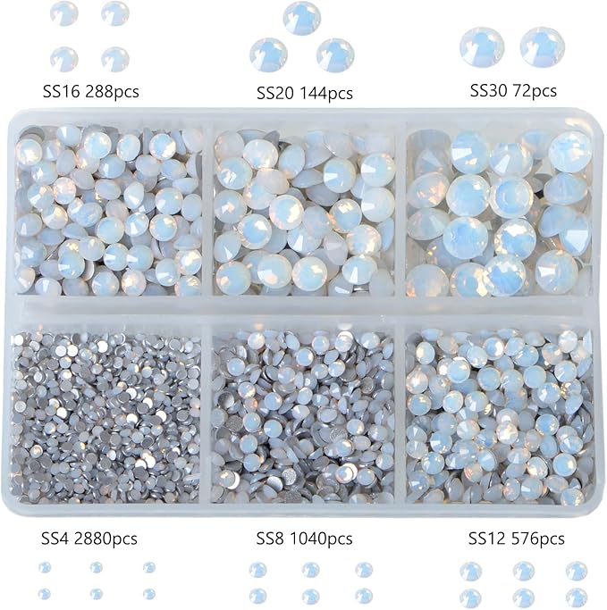 Bymitel 5000 Pieces 6 Mixed Sizes Glue Fix on Glass Rhinestones Round Crystal Gems Flatback for DIY Jewelry Making with one Picking Pen(6-Sizes 5000PCS, White Opal)