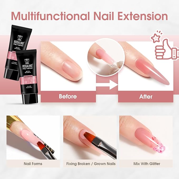 ROSALIND Rose Pink Poly Nail Gel, 2.7 oz Poly Extension Gel for Nail Art Decoration, Builder Rose Pink Gel Nail Thickening Extension Easy to DIY Use Need UV Lamp