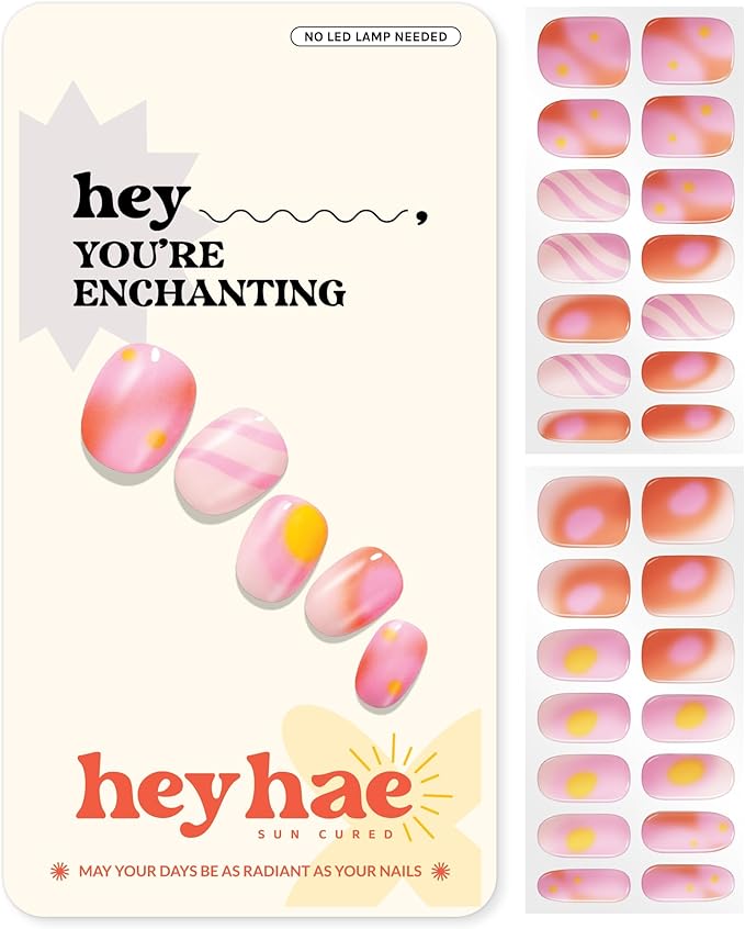 Heyhae Semi Cured Gel Nail Strips | No LED Lamp Needed | Ombre, Pink, Spring | Easy Apply & Remove, Salon Quality | Includes 28 Strips, 1 Prep Pads, Nail File & Wooden Stick - Hey, You're Enchanting