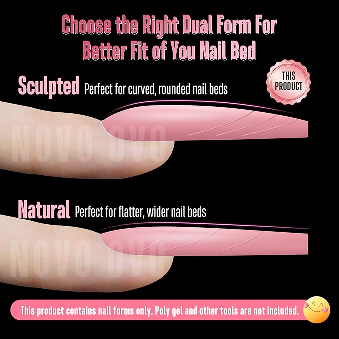 NOVO OVO Tapered Square (Sculpted) Nail Dual Forms for Poly Gel Extension with Guiding Line Inside, XL XXL Reusable Full Cover Acrylic Builder Hard Gel Polygel Molds x 15 sizes 150 Pcs