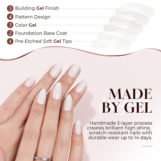 UNA GELLA White Press On Nails Short: Almond Soft Gel Press Ons Kit with Nail Tips Glue on Nails, 16 Sizes - 32 Reusable Fake Nails Kit, Milky White
