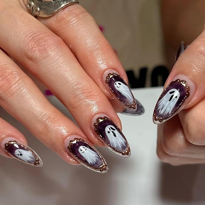 Halloween Almond Press on Nails, Glossy False Nail, Reusable Fake Nail with Magic Mirror Ghost Design, Full Cover Acrylic Nails Halloween Stick on Nails for Women DIY Manicure 24 Pcs