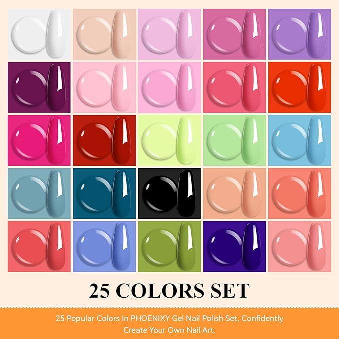 Phoenixy 30 Pcs Gel Nail Polish Set, 25 Colors Nail Polish Set with Pink Tangerine Orange Pink 5pcs Base Top Coat Nail Art Kit Gifts for Women