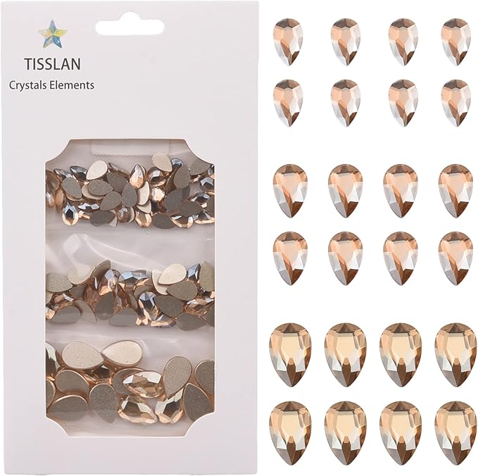100pcs Flatback Glass 3D Champagne Nail Gem Glue Fix Pear Shape Large and Small Crystal Rhinestone Bulk Charms for Nail Art Designs Jewelry Making DIY Crafts