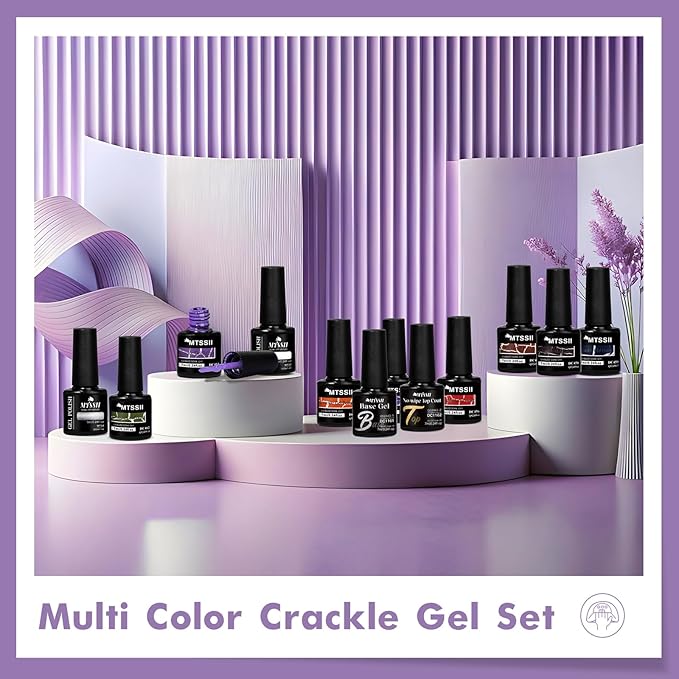 MTSSII Crackle Gel Nail Polish Set, 12pcs, 8 Colors + White Silver, Base Top Gel, Air Dry UV Lamp Needed