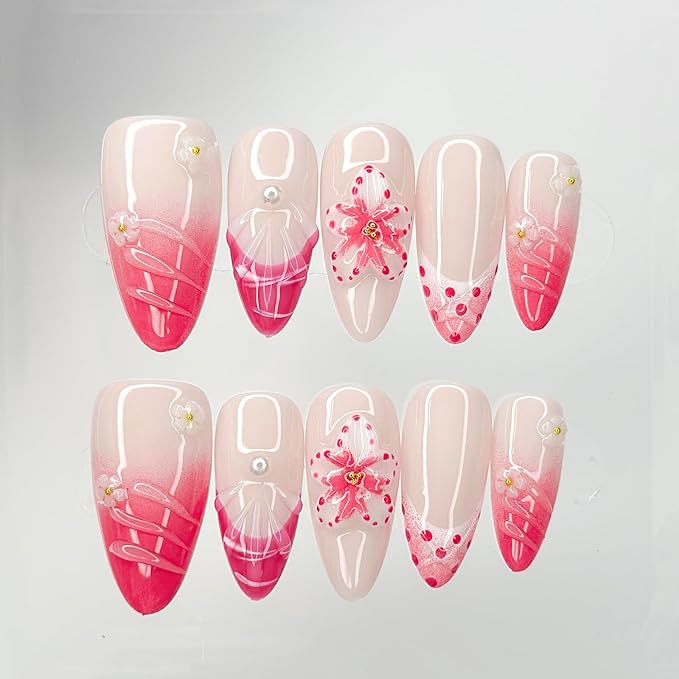 Luxury Press on Nails Medium Almond Handmade 3D Unique Reusable ABS Material Fake Nails Pink False Nails with Designs Floral Art Petal Glossy Glue on Nails Thick Acrylic Nails(M)