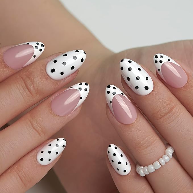 Curvlife Press On Nails – 30PCS Full Cover False Natural Fit Soft Gel Fake Nails Tips, Easy to Apply at Home Glue On False Nails Kit (Black Polka Dot Nails, Medium)