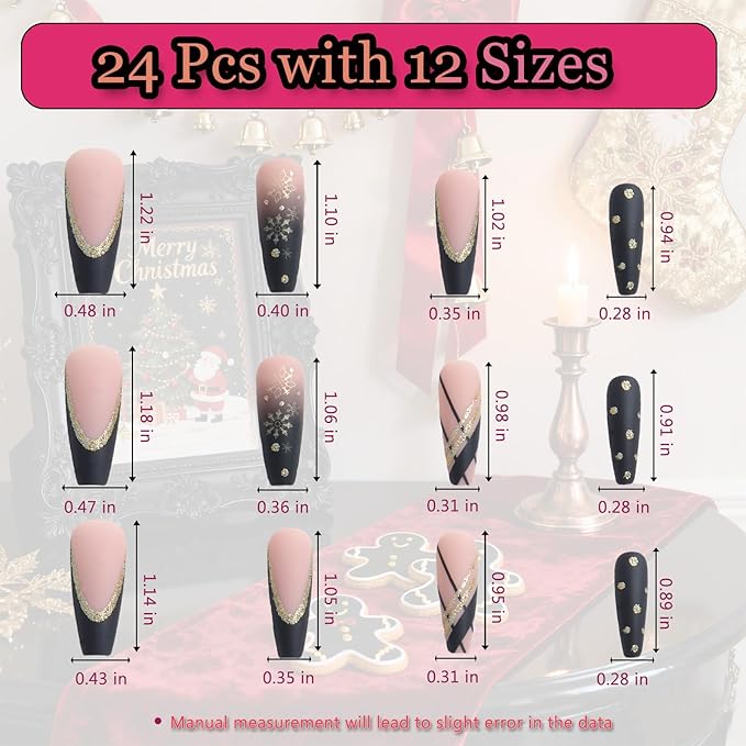 24pcs Black and Gold Snow Long Square Press On Nails, Reusable Nail Kit with Adhesive Tabs, 12 Sizes (Black and Gold)