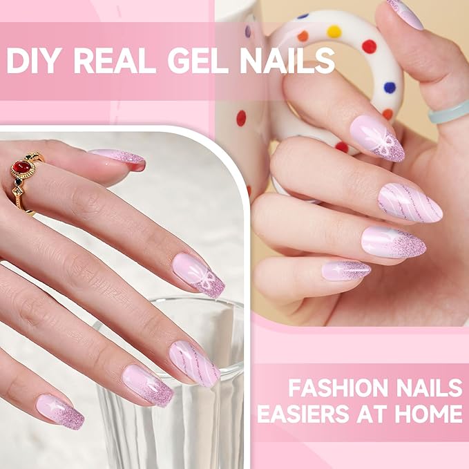 Semi Cured Gel Nail Strips,28 pcs Gel Nail Stickers Wraps Work with UV Lamp,Long Lasting Polish Stickers UV Cure,Easy to Apply