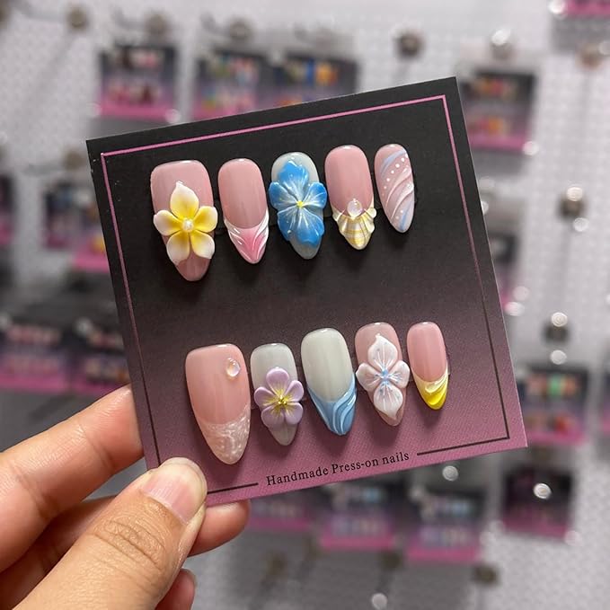 Luxury Press on Nails Medium Almond Handmade 3D Unique Reusable ABS Material Fake Nails French Tip False Nails with Designs Plumeria Hawaii Art Petal Glossy Glue on Nails Thick Acrylic Nails(S)