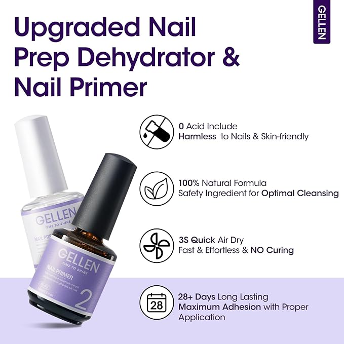 Gellen Nail Dehydrator and Primer Set, Hema-free Nail Prep Dehydrator & Acid-free Bond Primer for Long-lasting Adhesion Nails Lacquer Gel Polish Acrylic Powder Press-ons 3s Air Dry Nails Art Essential