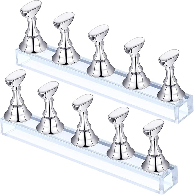 Blulu 2 Sets Nail Stand for Press on Acrylic Nails Display Practice Magnetic Fake Nail Holder for Painting Nails for False Fingernail Manicure Tool Home DIY Salon Supplies(Silver)