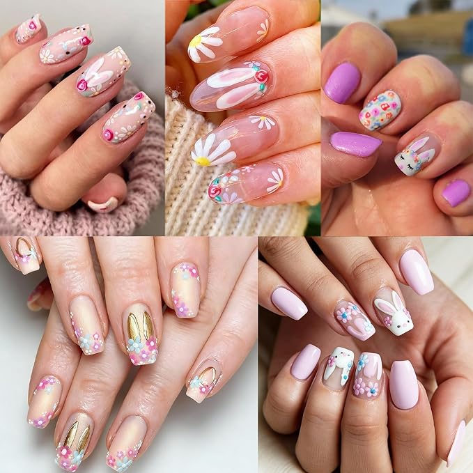 2 Sheets Easter Nail Stickers for Nail Art Cartoon Rabbit Nail Art Stickers Embossed Spring Flower Nail Decals 3D Self-Adhesive Rabbit Ears Flowers Easter Bunny Nail Design Decals for Women