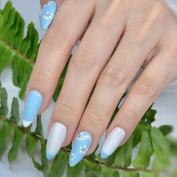 Handmade Press On Nails Medium Almond Pastel Blue White Flower with French Tip|Reusable Soft Gel Nails in 12 Sizes -24 Nail & Kit with Glue|Designed in L.A,Hand Painted in Vietnam|Fleur de Sky