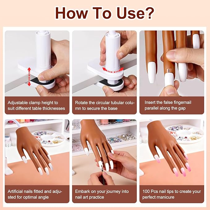 Practice Hand for Acrylic Nails, Acrylic Nail Training Mat , Manicure Trainng Hand Nail Kit for Beginners,Movable Nail Maniquin Hand with 50PCS Nail Tips,Acrylic powder, Brush and Clipper(Brown)