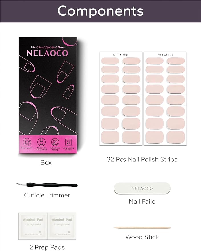 Nail Polish Strips – 32PCS UV Free Salon Quality Wraps, Long Lasting Gel Nail Stickers for Women (Morning Mist Nude)