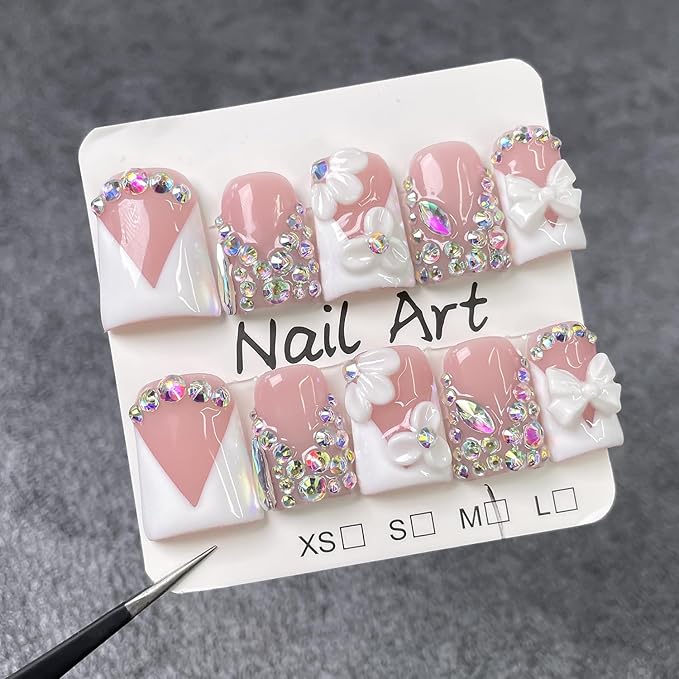 Luxury Press on Nails Short Duck Handmade 3D Unique Reusable ABS Material Fake Nails White French Tip False Nails with Designs Flower Rhinestones Bow Elegant Glossy Glue on Nail Thick Acrylic Nail(M)