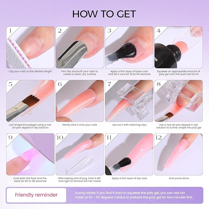 Poly Gel Nail Kit: Fluorescent Colors Poly Extension Gel Kit with Nail Lamp Slip Solution Acid-Free Primer Nail Art Tools for DIY Salon Nails