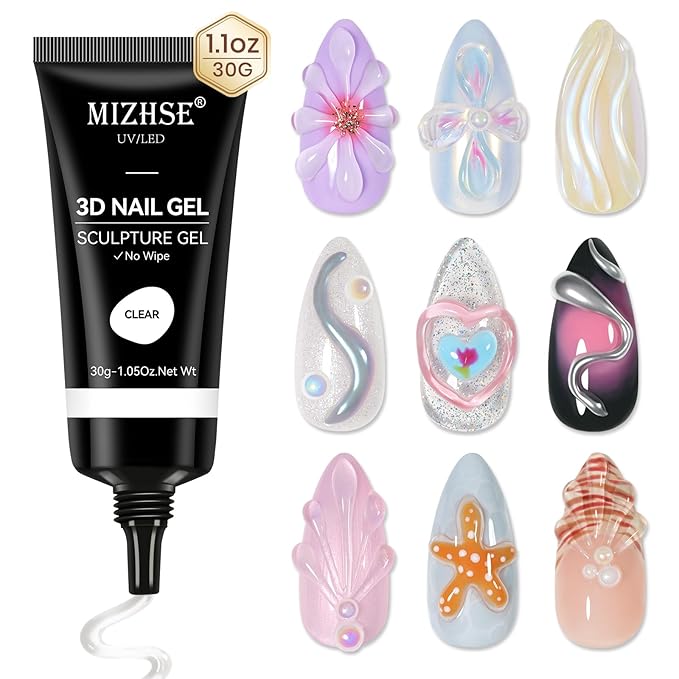 MIZHSE 30g 3D Gel Nail Art, Sculpting Gel Glue for Molding, Drawing, Charms & Gems, Chrome Powder, Rhinestone Design, Clear No Wipe Nail Polish for DIY Winter Christmas Nail Art