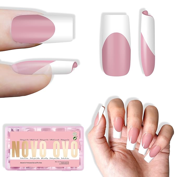NOVO OVO White French Tip Medium Square Nail Tips Press on BERRY PINK, Extra Thick Soft Gel Fake Nail Acrylic Extension, Need Builder Gel Top Coat, No Glue Included, for Salon DIY 15 Sizes x 240 pcs