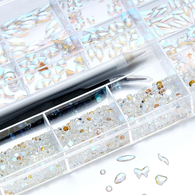 Nibiru 3830Pcs Aurora Multi Shapes Rhinestones Glass Diamonds Kit for Nail Art Jewels Decoration,Shiny Flatback Mix Size with Wax Pen