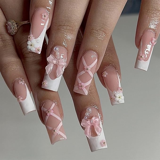 Pink Press on Nails Medium Long Square Rhinestone False Nails 3D Bow Charms Flower Glue on Nails White French Tips Fake Nails Press ons Glossy Reusable Fingernails for Women Girls Manicure 24pcs