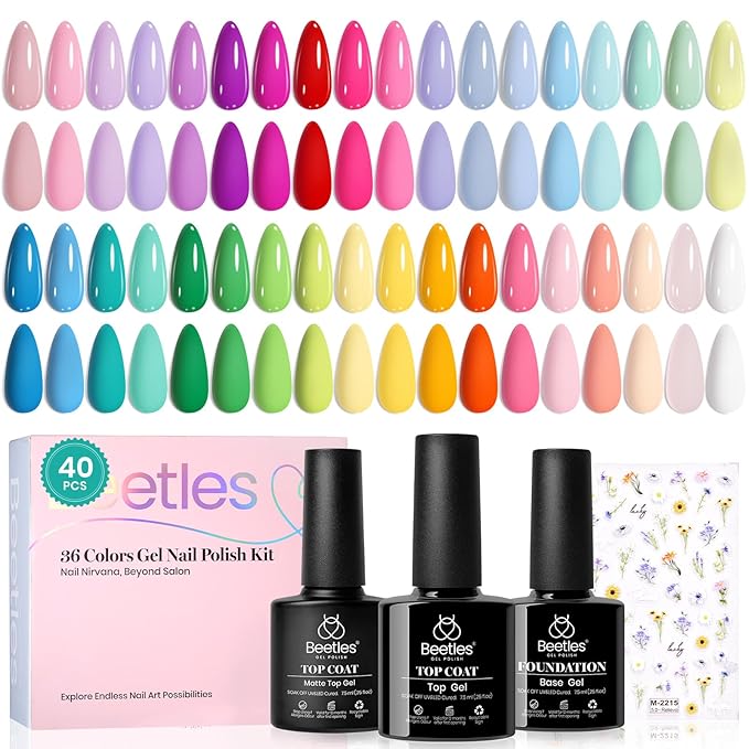 beetles Pastel Easter Gel Polish Set - Petal Symphony Collection, 40 Pcs 36 Colors Gel Polish Set Spring Colors Pink Red Green Blue Color Gel with Base&Glossy Matte Top Coat UV LED Nail Art