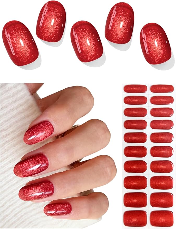 Semi Cured Gel Nail Strips (Red Light-Chasing Cat Eye), 20 Pcs Gel Nail Wraps, Stickers, Works with Any UV Lamps