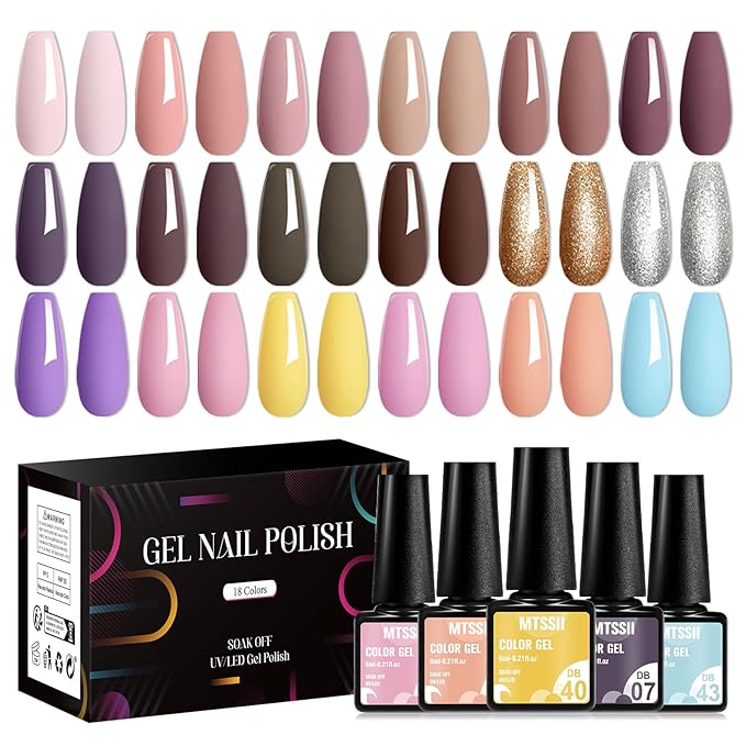 MTSSII 18PCS Gel Nail Polish Set - Nude, Pink, Blue, Yellow - Gel Nail Polish Kit - UV/LED Lamp Compatible - Soak Off - Non-Toxic, Natural Ingredients - Women, All Seasons
