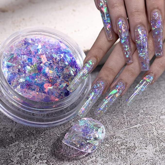 Holographic Mermaid Nail Sequins,6 Jars Chunky Glitter Colorful Fluorescent Glass Paper Iridescent Flakes Sticker for Makeup Decoration Women Party DIY Accessories Sequins Glitters Set