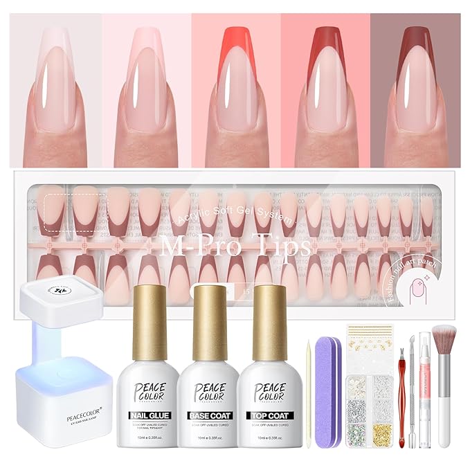 PEACECOLOR French Tip Press On Nails Kit - 150Pcs Long Coffin 5 Colors Nail Tips Gel Nail Kit with U V Light Base & Top Coat Starter Kit Nail Glue Manicure Set Fake Nails DIY Gift for Women Girls Home