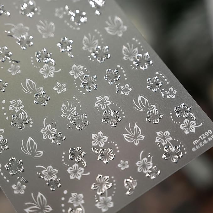 Spring Nail Stickers Silvery Flower Nail Art Stickers 5D Embossed Nail Decals White Butterfly Self-Adhesive Nail Art for Women Floral Nail Manicure Decoration
