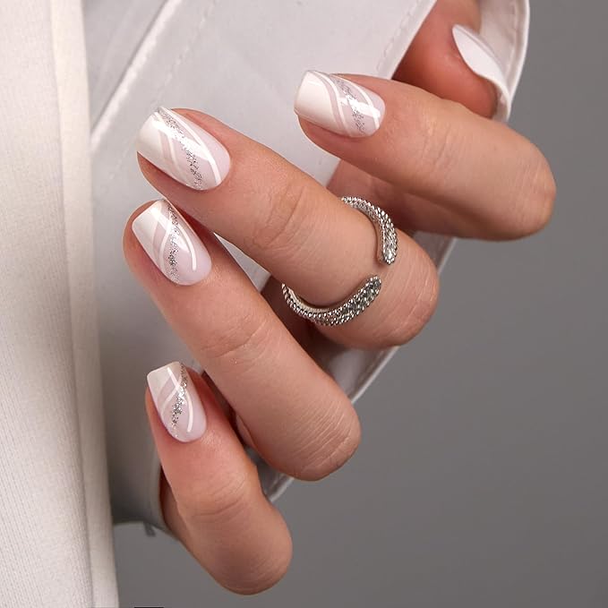 CurvLife Soft Gel Short Press On Nails Square, Long-Lasting Reusable Fake Nails Kit with Glue & Tabs, 30pcs Salon-Quality Stick On Nails for Women At-Home Manicure (Silver Whisper)