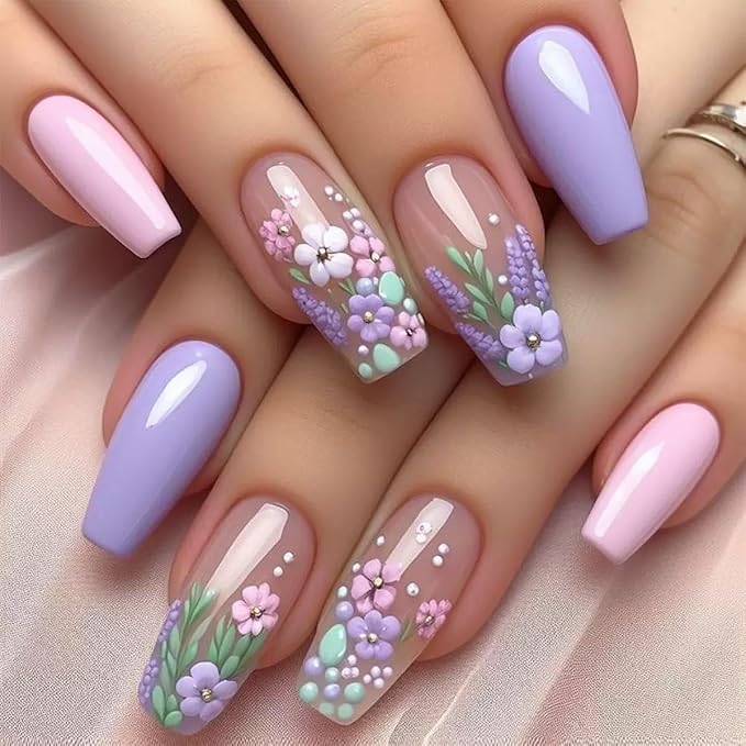 Press on Coffin Nails - Medium Fake Nails with Flower Design - Purple False Nails Press ons - for Women 24 Pcs