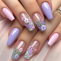 Press on Coffin Nails - Medium Fake Nails with Flower Design - Purple False Nails Press ons - for Women 24 Pcs