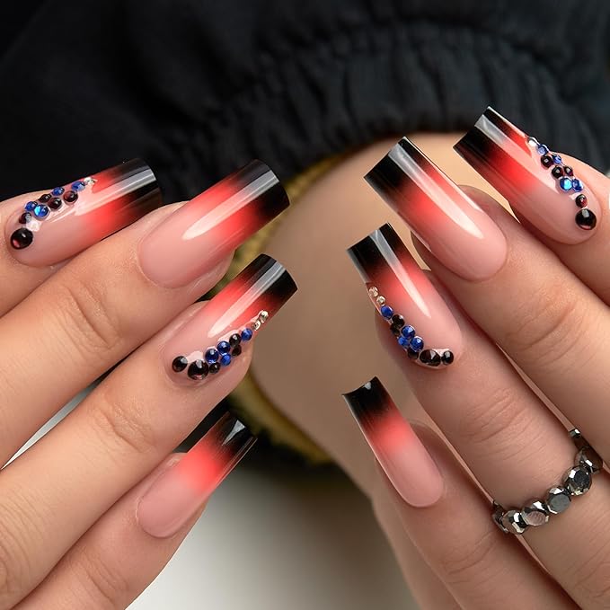 Curvlife Press On Nails – 30PCS Full Cover False Natural Fit Soft Gel Fake Nails Tips, Easy to Apply at Home Glue On False Nails Kit (Ombre Nails with Rhinestones, Long)