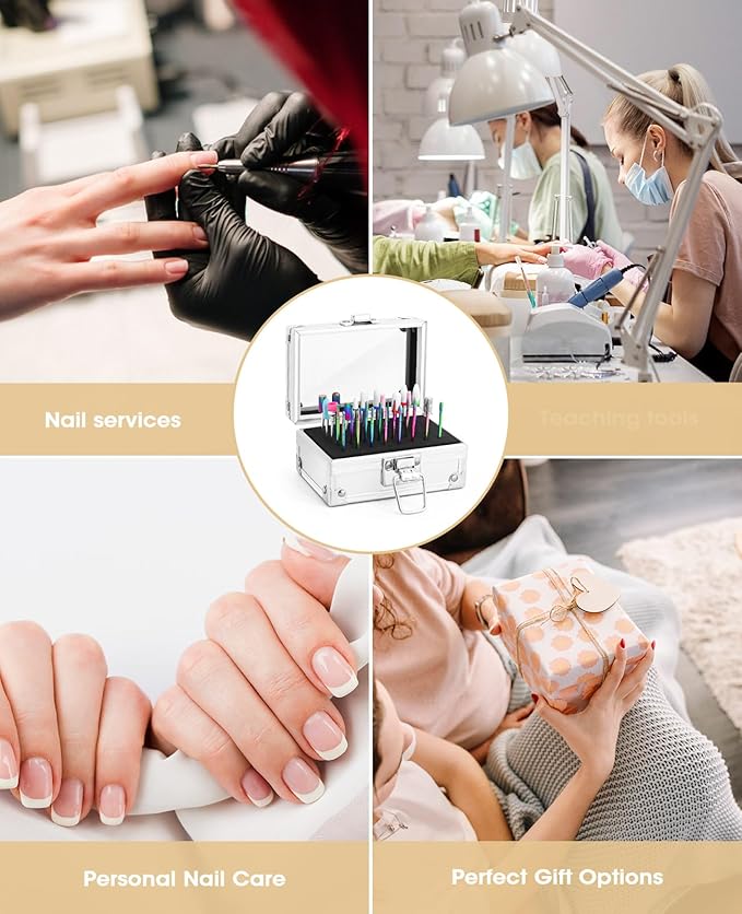 Onism 30Pcs Nail Drill Bits Set, 3/32" Tungsten Carbide Ceramic Quartz Kit with 75 Sanding Bands (#80/120/180), 40-Slot Expandable Organizer Box for Acrylic Gel Removal & Prep, Silver