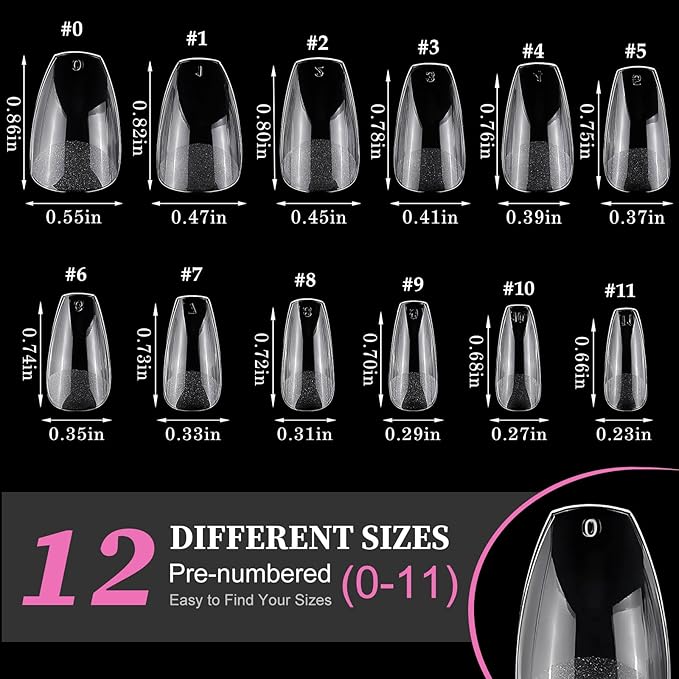 AddFavor 600pcs Short Coffin Nail Tips, Clear Soft Gel Nail Tips Coffin Shape, 12 Sizes Full Cover False Acrylic Nails Tips for DIY Nail Extensions, Press on Nails Making