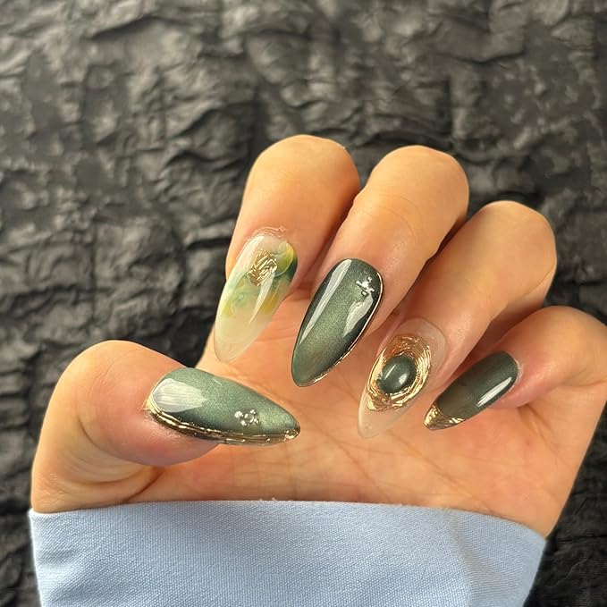 Handmade Press On Nails Short Almond, Greenish - Grey & Translucent Acrylic Fake Nails with Gold Accents, Luxury Press On Nails with Charm Design for Wedding & Party Wear(AKA 014, Short)